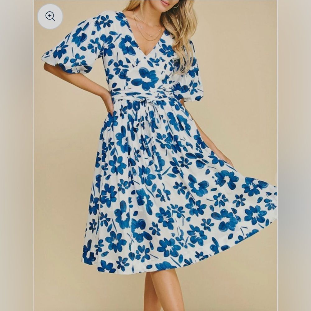 Avara Pinch Diane Blue and White Floral Midi Dress